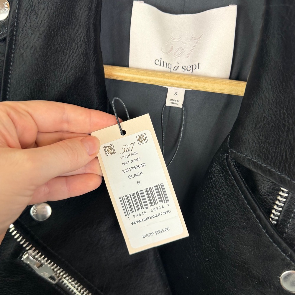 NWT Cinq‎ a Sept Brice Faux Leather Moto Jacket Small Black Belted Minimalist - Picture 12 of 16